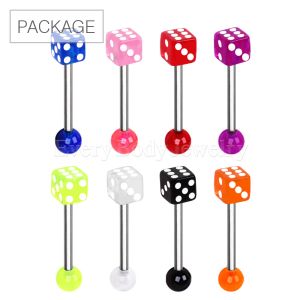 Product 80pc Package of 316L Stainless Steel Barbell with UV Acrylic Dice in Assorted Colors
