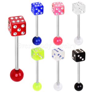 Product 316L Surgical Steel Barbell with UV Coated Acrylic Gemmed Game Dice 