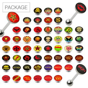 Product 30pc Package of Random Sign/Logo Tongue Ring in Assorted Designs
