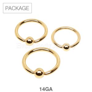 Product 30pc Package of 14Gauge Gold Plated 316L Captive Bead Rings in Assorted Sizes