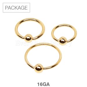 Product 30pc Package of 16Gauge Gold Plated 316L Captive Bead Rings in Assorted Sizes