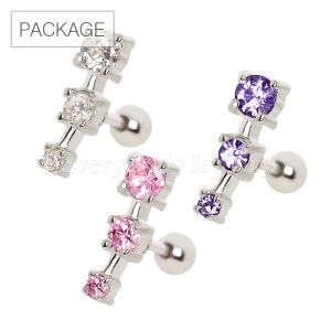 Product 30pc Package of 316L Triple CZ Droplet Cartilage Earrings in Assorted Colors