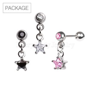 Product 30pc Package of 316L Star Dangle Cartilage Earrings in Assorted Colors