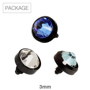 Product 30pc Package of Black PVD Plated Flat Dermal Top with CZ in Assorted Colors - 3mm