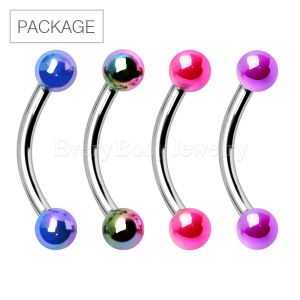 Product 40pc Package of 316L Stainless Steel Curved Barbell with Rainbow Coated UV Acrylic Balls in Assorted Colors