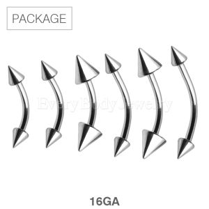 Product 60pc Package of 316L Stainless Steel Curved Barbell with Spikes in Assorted Sizes - 16GA