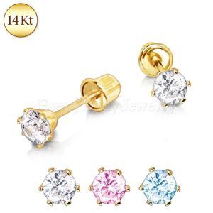 Product Pair of 14Kt. Yellow Gold Clear Round CZ Earring with Screw Back
