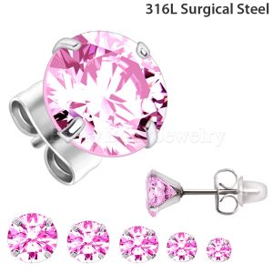 Product Pair of 316L Surgical Steel Pink Round CZ Stud Earrings