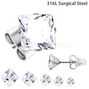 Product Pair of 316L Surgical Steel Clear Princess Cut CZ Stud Earrings