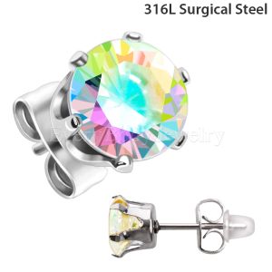 Product Pair of 316L Stainless Steel Aurora Borealis Round CZ Stud Earrings
