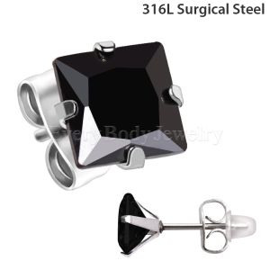 Product Pair of 316L Stainless Steel Black Princess Cut CZ Stud Earrings