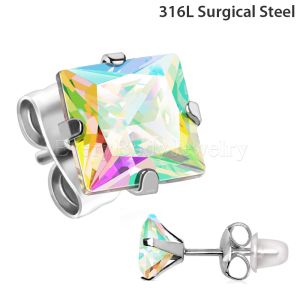 Product Pair of 316L Stainless Steel Aurora Borealis Princess Cut CZ Stud Earrings