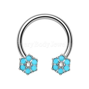 Product 316L Stainless Steel Jeweled Teal Blue Flower Horseshoe