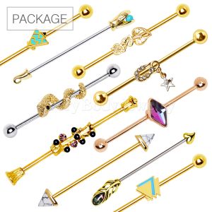 Product 30pc Package of Gold Plated Industrial Barbells in Assorted Designs