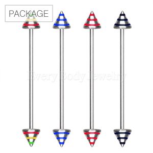 Product 40pc Package of 316L Industrial Barbell with Three Striped Spikes in Assorted Colors 