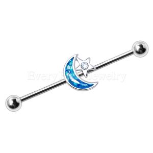 Product 316L Stainless Steel Synthetic Opal Moon and Star Industrial Barbell