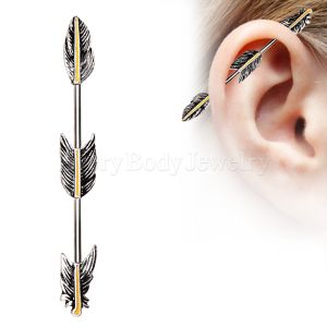 Product 316L Stainless Steel Industrial Barbell with Golden Triple Tier Feathers