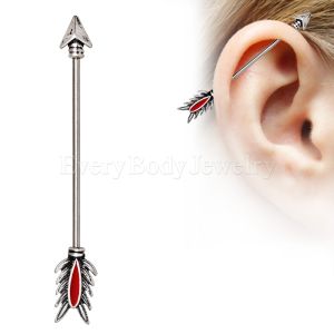 Product 316L Stainless Steel Antique Tribal Arrow Industrial Barbell with Red Feather
