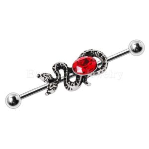 Product 316L Stainless Steel Two-Headed Snake with Ruby Red CZ Industrial Barbell