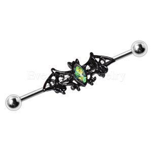 Product 316L Stainless Steel Black Bat with Green Synthetic Opal Industrial Barbell
