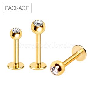 Product 60pc Package of  Gold Plated 316L Surgical Steel Labret with Clear Gem Ball in Assorted Sizes