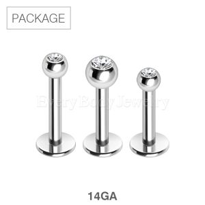 Product 30pc Package of 316L Stainless Steel Labret with Clear Gem Ball in Assorted Sizes - 14GA