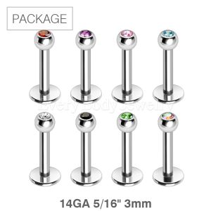 Product 80pc Package of 316L Surgical Steel 14GA 5/16" Labret with 3mm Gem Ball in Assorted Colors