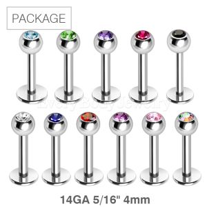 Product 110pc Package of 316L Surgical Steel 14GA 5/16" Labret with 4mm Gem Ball in Assorted Colors