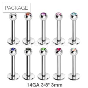 Product 100pc Package of 316L Surgical Steel 14GA 3/8" Labret with Gem Ball in Assorted Colors