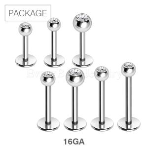 Product 70pc Package of 316L Stainless Steel Labret with Clear Gem Ball in Assorted Sizes - 16GA
