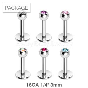 Product 60pc Package of 316L Stainless Steel Labret / Monroe with CZ Ball in Assorted Colors - 16GA 1/4" 3mm