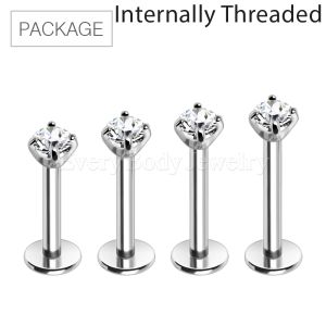 Product 40pc Package of 316L Internally Threaded Labret with Clear Prong Set Round CZ Top in Assorted Sizes