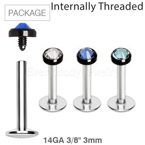 Product 30pc Package of 316L Internally Threaded Labret with PVD Plated Flat Gem Top in Assorted Colors