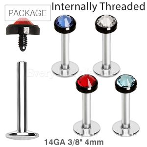 Product 40pc Package of 316L Internally Threaded Labret with PVD Plated Flat Gem Top in Assorted Colors