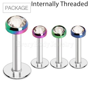 Product 40pc Package of 316L Internally Threaded Labret with PVD Plated Flat Clear Gem Top in Assorted Colors