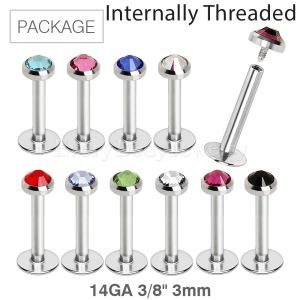 Product 110pc Package of 316L Internally Threaded Flat CZ Top Labret in Assorted Colors