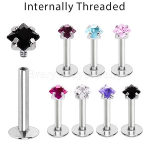 Product 316L Surgical Steel Internally Threaded Labret with Prong Set Square Gem Top