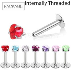 Product 70pc Package of 316L Internally Threaded Labret with Prong Set Heart Gem in Assorted Colors