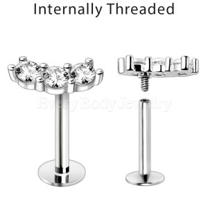 Product Internally Threaded 316L Stainless Steel Curved Triple Prong Set CZ Labret