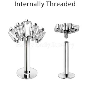 Product Internally Threaded 316L Stainless Steel Curved Prong Set Baguette CZ Labret
