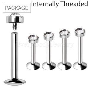 Product 40pc Package of Internally Threaded 316L Stainless Steel Flat CZ Top Labret in Assorted Sizes