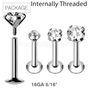 Product 30pc Package of 316L Internally Threaded Prong Set Large CZ Labret - 16GA 5/16"