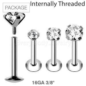 Product 30pc Package of 316L Internally Threaded Prong Set Large CZ Labret - 16GA 3/8"