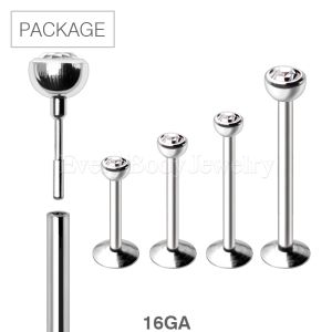 Product 50pc Package of 316L Stainless Steel Push In Labret with Clear CZ Ball in Assorted Sizes - 16GA