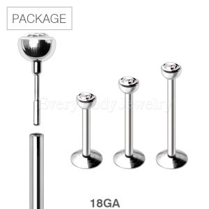 Product 30pc Package of 316L Stainless Steel Push In Labret with Clear CZ Ball in Assorted Sizes - 18GA