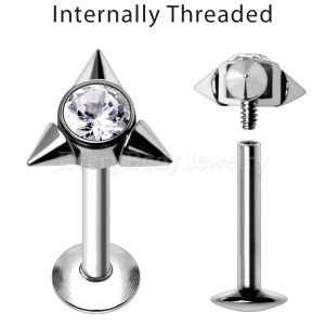 Product Internally Threaded 316L Stainless Steel Triangle CZ Labret with Spikes