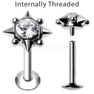 Product Internally Threaded 316L Stainless Steel Rhombus CZ Labret with Spikes & Balls