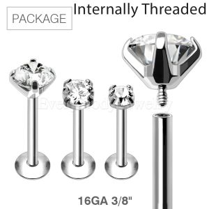 Product 30pc Package of Internally Threaded 316L Stainless Steel Labret with Prong Set CZ in Assorted Sizes - 16GA 3/8"