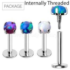 Product 30pc Package of Internally Threaded 316L Stainless Steel Labret with Prong Set Synthetic Opal in Assorted Colors