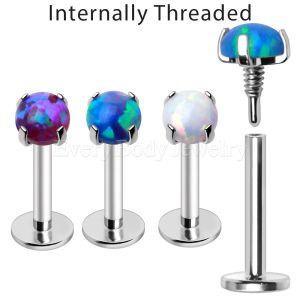 Product Internally Threaded 316L Stainless Steel Labret with Prong Set Synthetic Opal